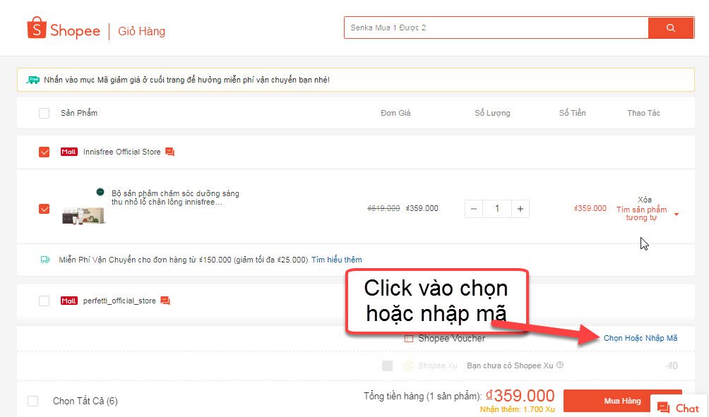 Click vào chọn hoặc nhập mã tại Shopee